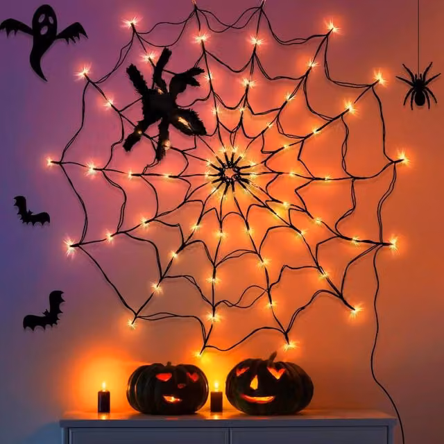Garwarm Halloween LED Spider Web Lights with Plush Spiders in Black, Orange and Multicolour