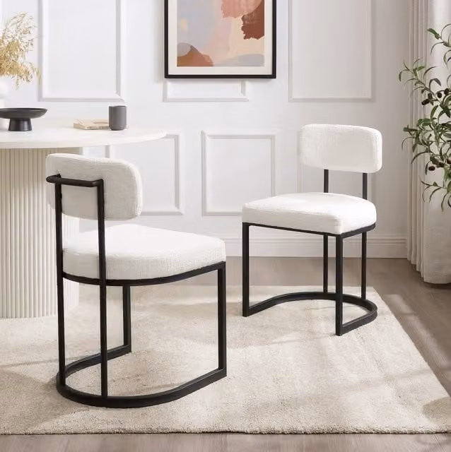 Modish Furnishing Rhea Set of 2 White Chenille Fabric Dining Chairs with Armrests and Black Metal Frame