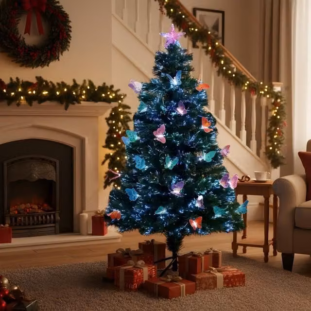 Shatchi Green Butterflies Fibre Optic LED Pre-Lit Christmas Tree with Multicolour Lights, Height: 120 cm – 1