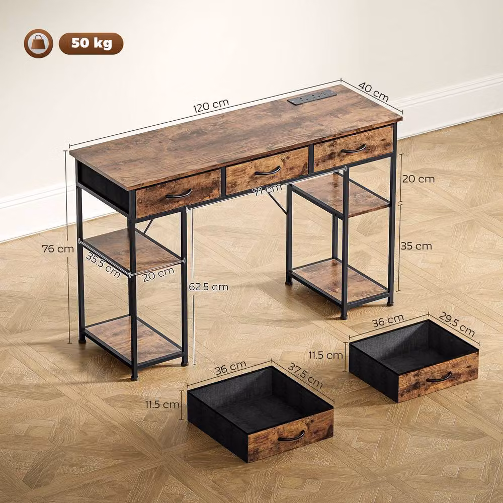 STILVORA Brown Computer Desk with USB, Outlets, Drawers and Shelves, W: 120 cm, D: 40 cm, H: 76 cm – 3
