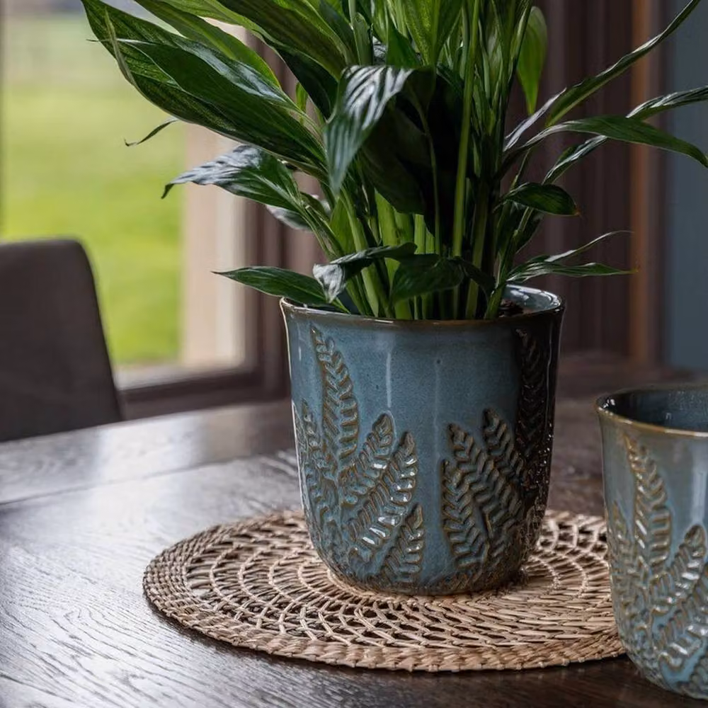 Lemon Pavilion Furniture and Decor Kew Embossed Fern Ceramic Tabletop Planter, Petrol, W: 22.5 cm, D: 22.5 cm, H: 21.5 cm – 5