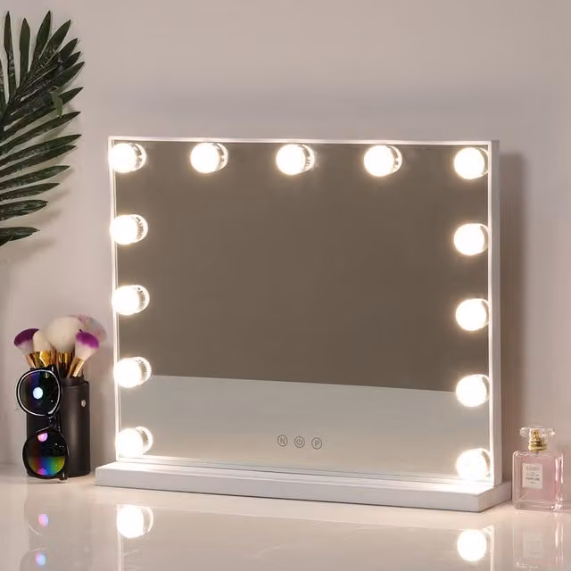 Livingandhome Glamour Hollywood Tabletop Rectangular Mirror in White, W/D/H: 54 x 54 x 42 cm