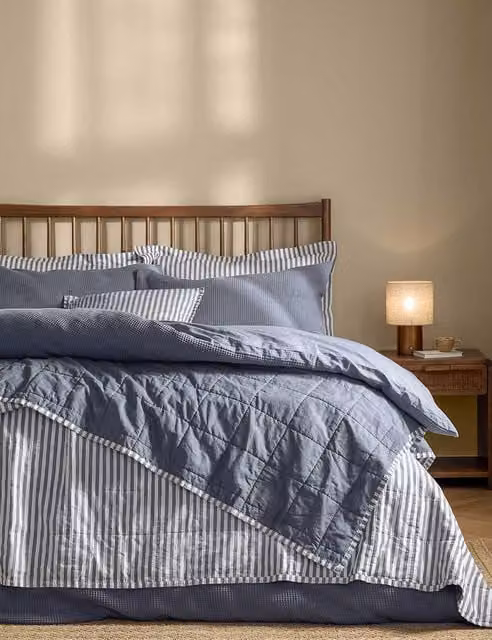 YARD Hebden Reversible Striped Quilted Cotton Bedspread in Pale Blue
