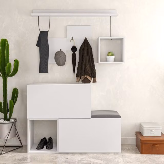 Holdon Modern Hall Tree with Bench and Shelves in White or Grey