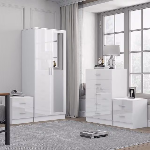 Reflect Modern Bedroom Furniture Set in White Gloss and Matt White Finish, including 2 Door Mirror Wardrobe, 5 Drawer Tallboy Chest and 2x 2 Drawer Bedside Tables