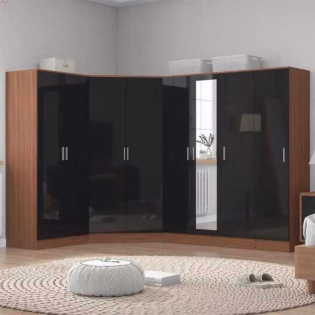 Reflect 4pc Wardrobe Bundle in Black Gloss and Walnut, featuring Corner, 3 Door Mirror, 2 Door and 1 Door Units, H x W x D: 180 x 329 x 103 cm