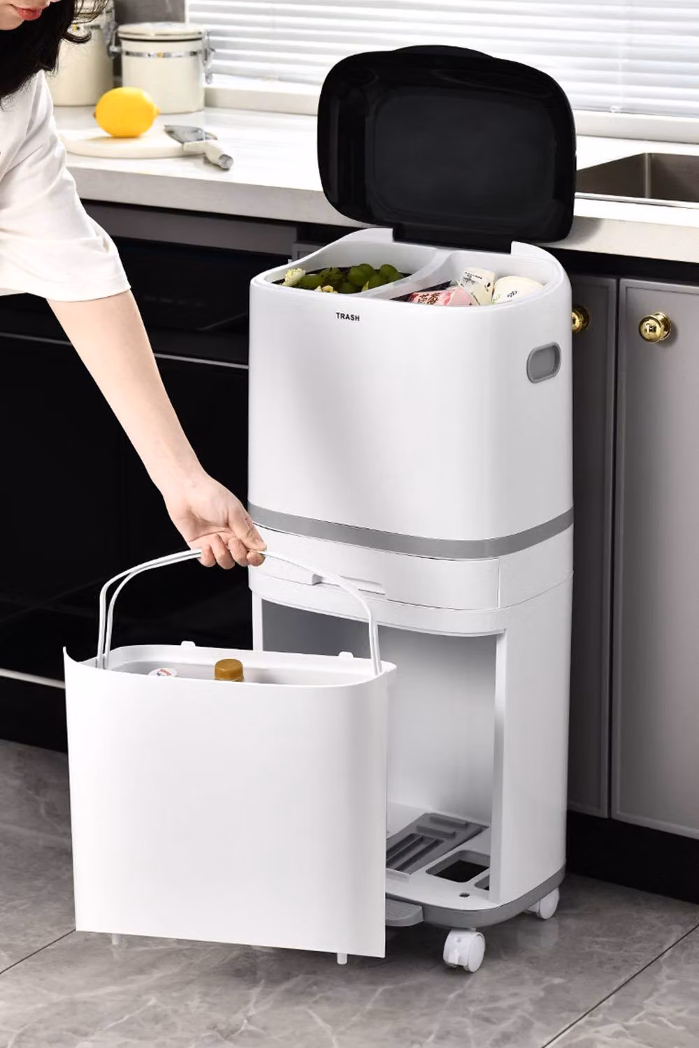 Living and Home 42L 3-Tier Rolling Dustbin with 2 Inner Buckets and Storage Drawer, White – 2