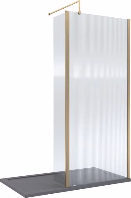Balterley 8mm Fluted Walk-In Wetroom Screen with Return in Brushed Brass and Grey Glass, W: 1400 mm, D: 800 mm