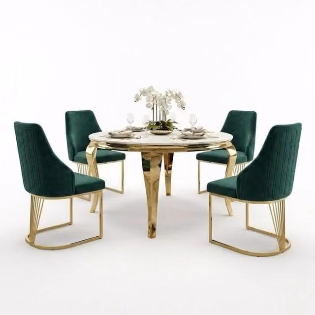 HOME LUXE INTERIOR Sofia Round Cream and Gold Marble Dining Table with 4 Lasco Green and Gold Chairs, Diameter: 150 cm