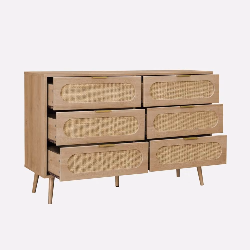 sweeek Wood and Rounded Cane 6 Drawer Chest of Drawers in Light Brown – 2