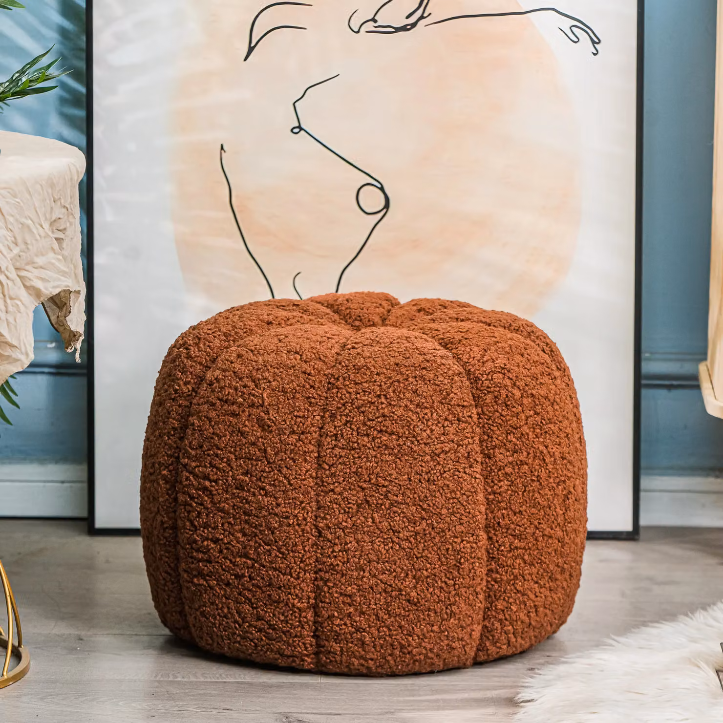 Nordlys Striped Bouclé Living Room Pouf in Red and Brown – 2