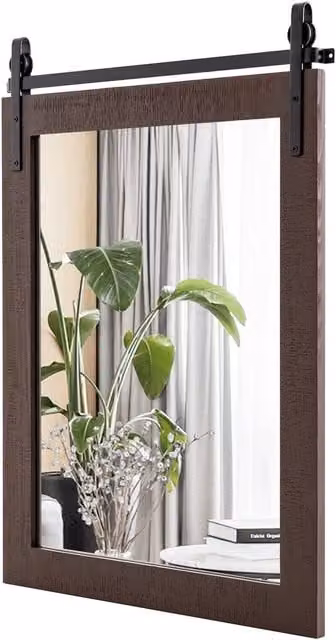 Costway Rectangular Rustic Brown Wood and Glass Hanging Barn Door Vanity Mirror