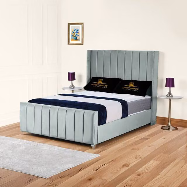 UK Bed Furniture Empire Winged Slatted Base Upholstered Velvet Bed in Grey, Size: 120 x 200 cm – 1