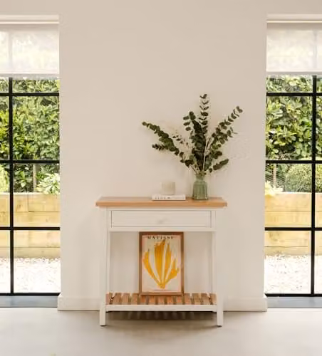 Ludlow Slim Console Table with Drawers and Oak Top in White, W: 102 cm, D: 30.4 cm, H: 85 cm