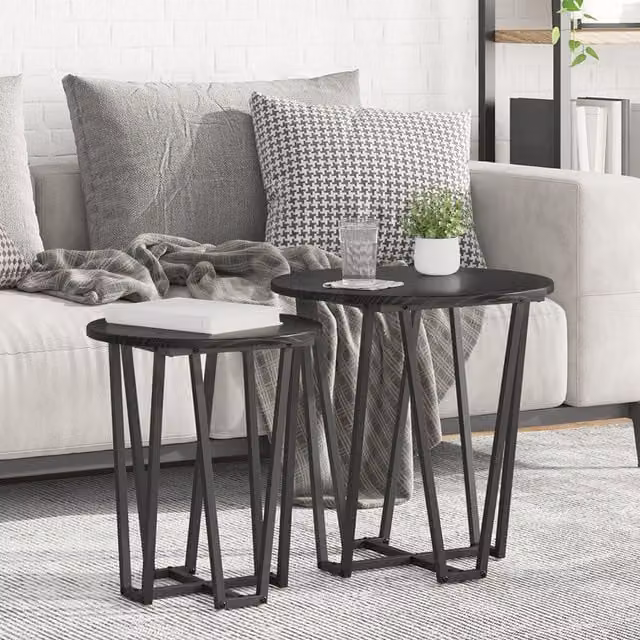 Berkfield Home Set of 2 Modern Round Side Tables in Black MDF and Metal – 1