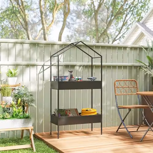 Outsunny 2 Tier Metal Plant Stand with Hook, Black, W/D/H: 70 x 35 x 150 cm – 6