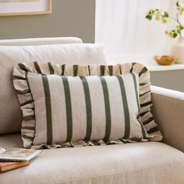 Wylder Connie Striped Ruffle Linen Cushion in Green, W: 50 cm, H: 35 cm