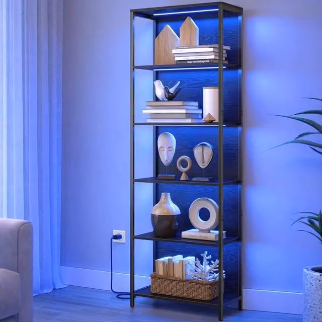 The Bazaarist 6 Tier LED Bookshelf with Metal Frame and Back Panel in Ebony Black