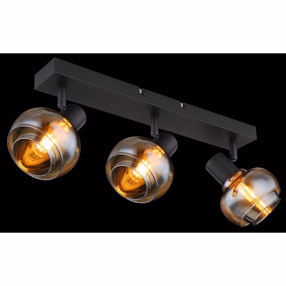 Globo Lighting Tokki Ceiling Spotlight Bar in Matt Black with Amber Glass Shades, 3x E14 – 4