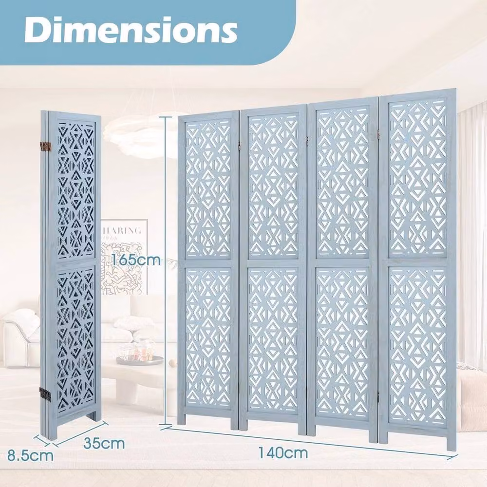 KORVIXA 4-Panel Blue Wooden Room Divider with Geometric Design – 2