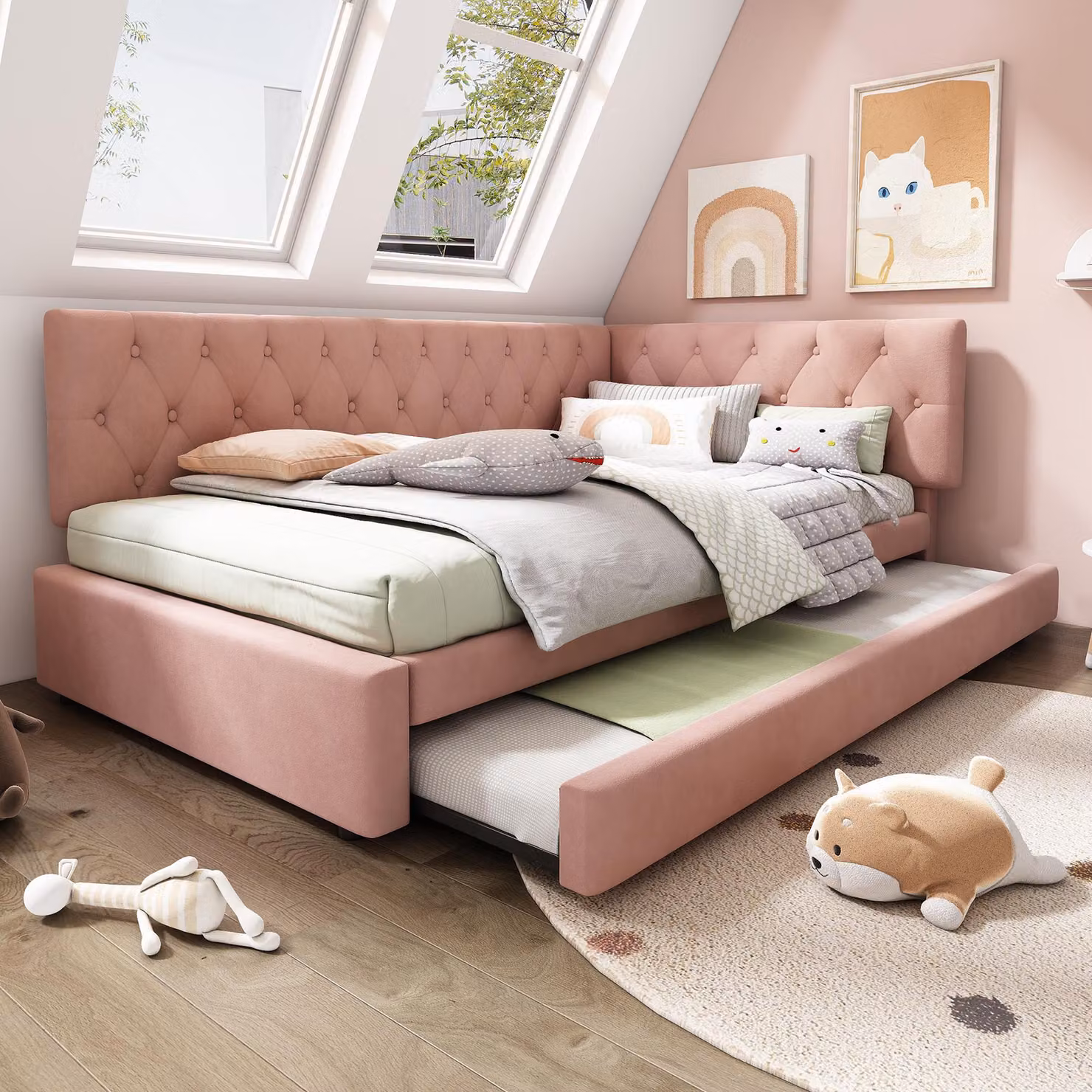Aosom UK Pink Velvet Upholstered Daybed with Pull-Out Trundle and Slatted Base, W/D/H: 202 x 105 x 83 cm – 5