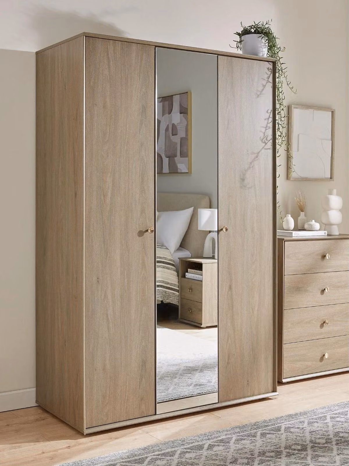 Bennett 3 Door Mirrored Wardrobe in Brown with Internal Shelves and Hanging Rod, H 188.2 x W 117.5 x D 57.5 cm