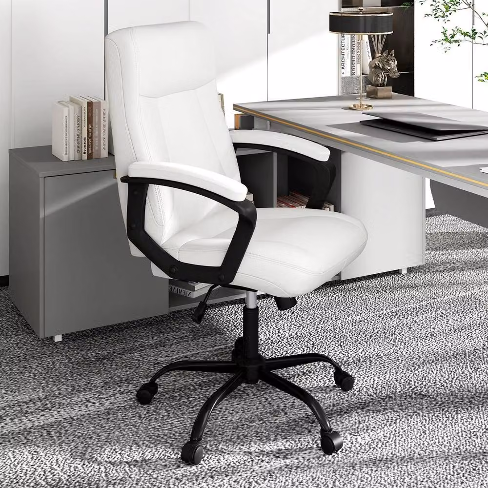 VOGREX Ergonomic Executive Office Chair in White Synthetic Leather with Headrest and Armrests – 4