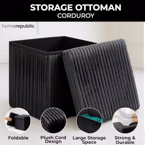 Home Republic Corduroy Ottoman Storage Box in Black, W/D/H: 38 x 38 x 38 cm – 4