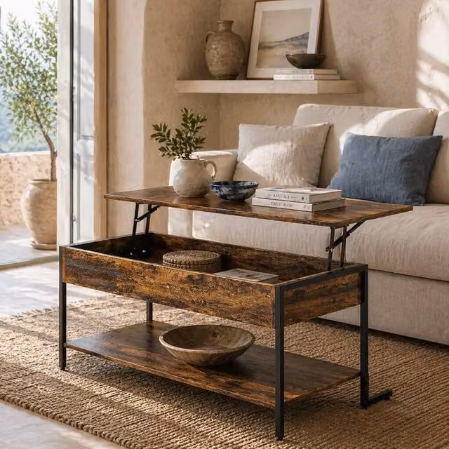 Wyld Haus Vitoli Rustic Brown Lift Top Coffee Table with Hidden Storage, W: 95.0 cm, D: 59.0 cm – 1