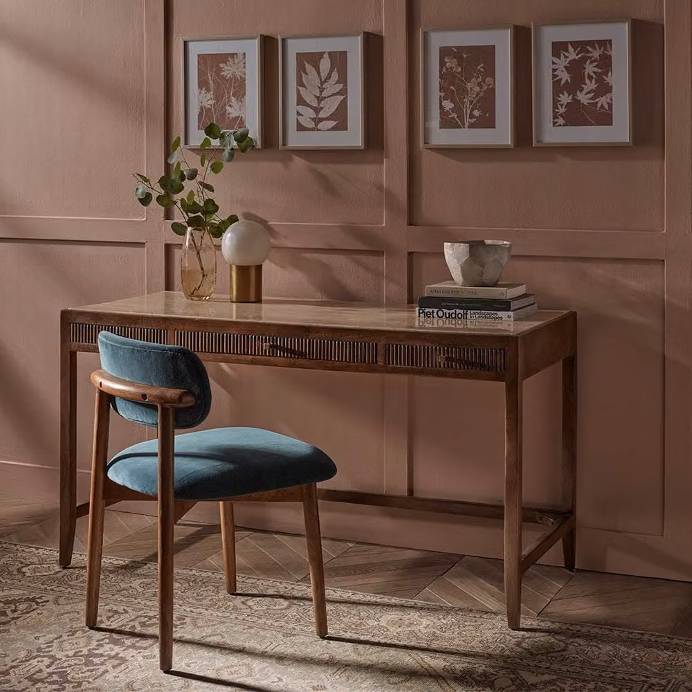 Atkin & Thyme Mirabelle Travertine Writing Desk in Brown, W/D/H: 140 x 60 x 76 cm