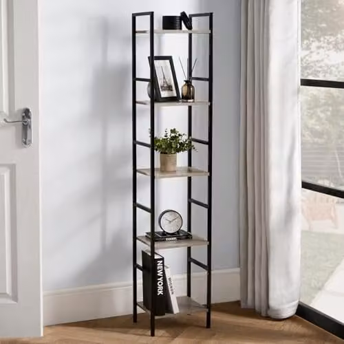 OHS 5 Tier Slim Ladder Shelving Unit in Grey with Metal and Wood Frame, H 140 x W 30 x D 24 cm