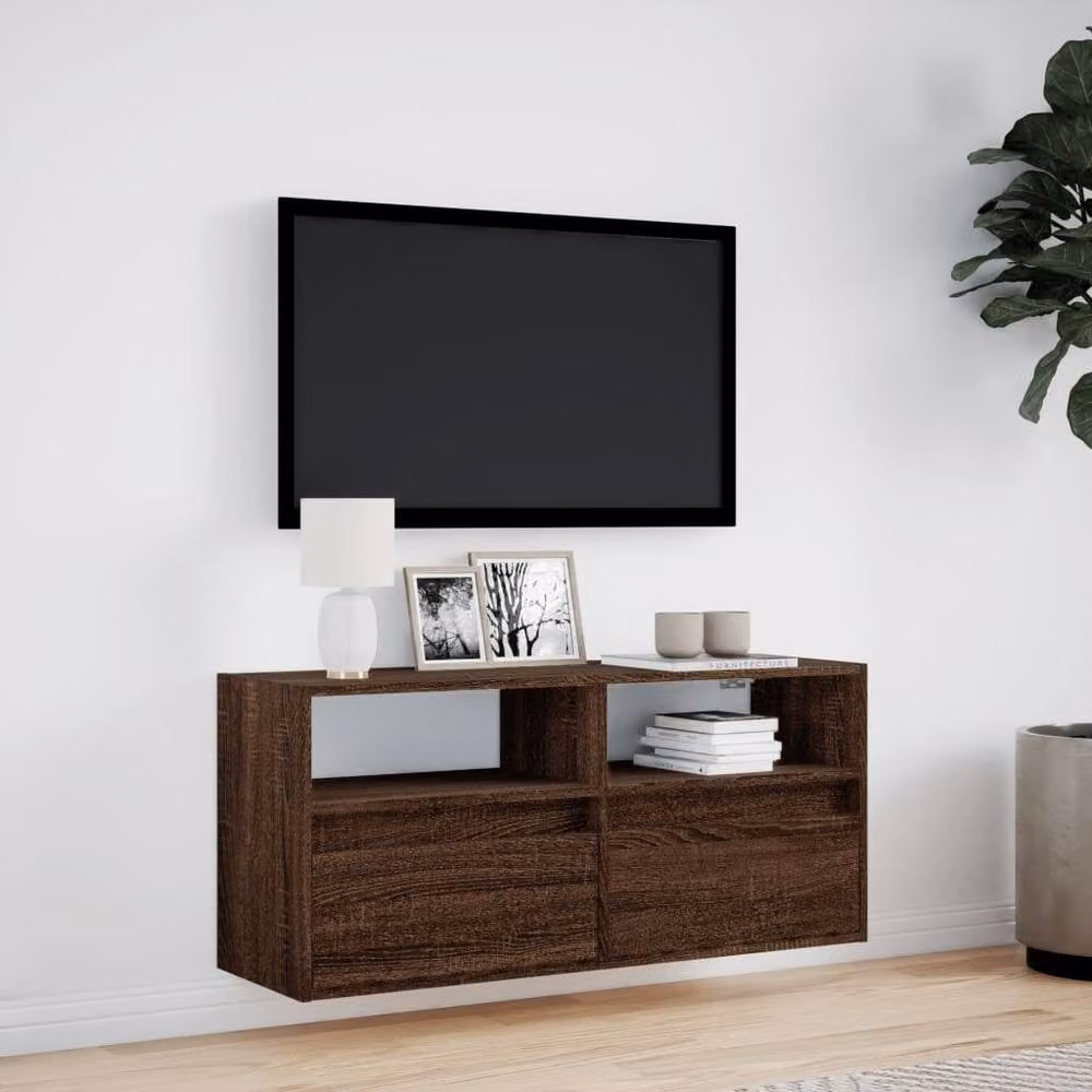 Berkfield Home Modern TV Wall Cabinet with LED Lights in Brown Oak, W/D/H: 100 x 31 x 45 cm – 3