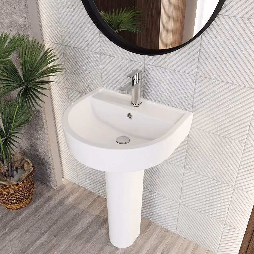 Balterley Round Ceramic 1 Tap Hole Basin with Full Pedestal, White, W: 52 cm, D: 45 cm, H: 82.5 cm – 3