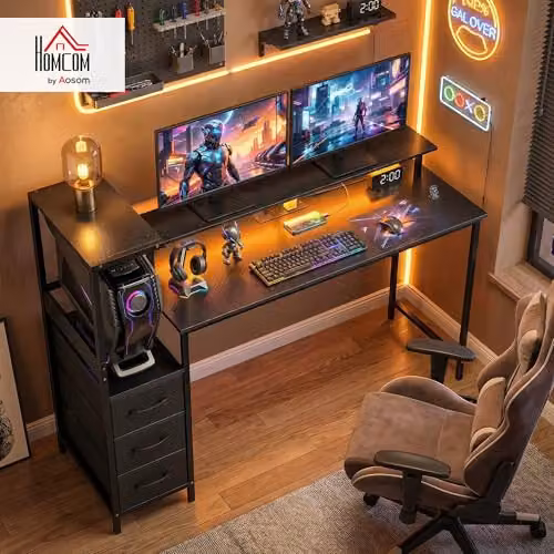 HOMCOM Black Gaming Desk with RGB Lighting and Adjustable Reversible CPU Stand, W: 147 cm, D: 76 cm, H: 75 cm – 2