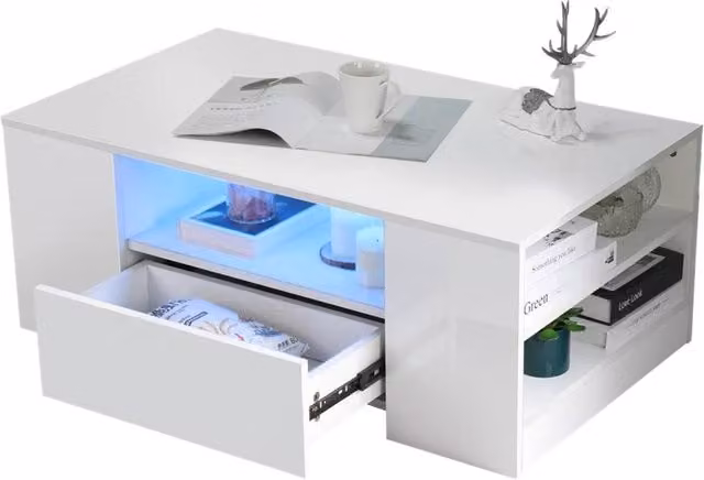 Nordara High Gloss LED Coffee Table with 2 Wood Storage Drawers in White
