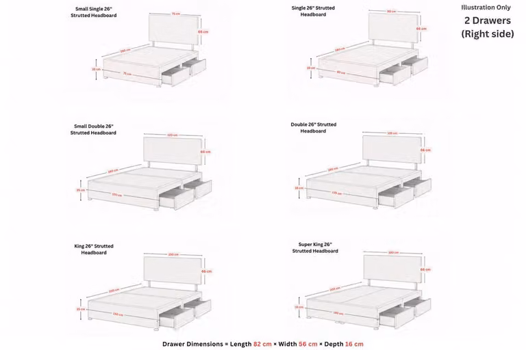 Sloomy Vienna Plush Divan Bed Set in Silver with 2 Right-Side Drawers, 26 inch Strutted Headboard and 12 inch Matching Footboard, Single, W/D/H: 90 x 200 cm