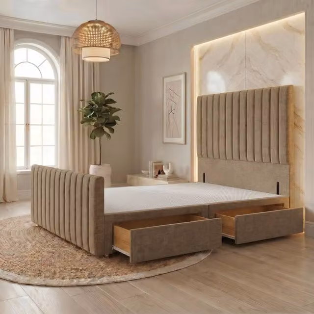 Somnior Eleanor Linen Divan Base with 2 Drawers, 54 inch Headboard and 22 inch Footboard, Brown, W/D/H: 120 x 200 cm
