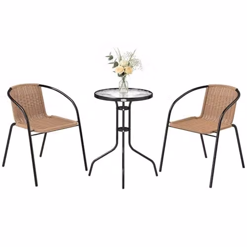 Outsunny 3 Piece Rattan Bistro Set with Round Glass Table and 2 Chairs, Brown – 1