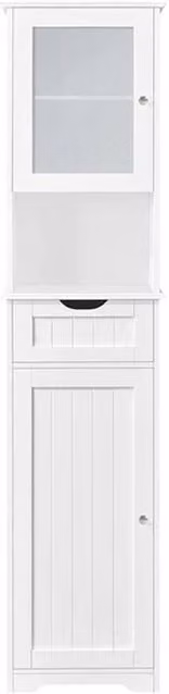 KORVIXA Freestanding White Bathroom Floor Cabinet with Glass Doors and Soft-Close Mechanism, H 170 x W 30 x D 30 cm