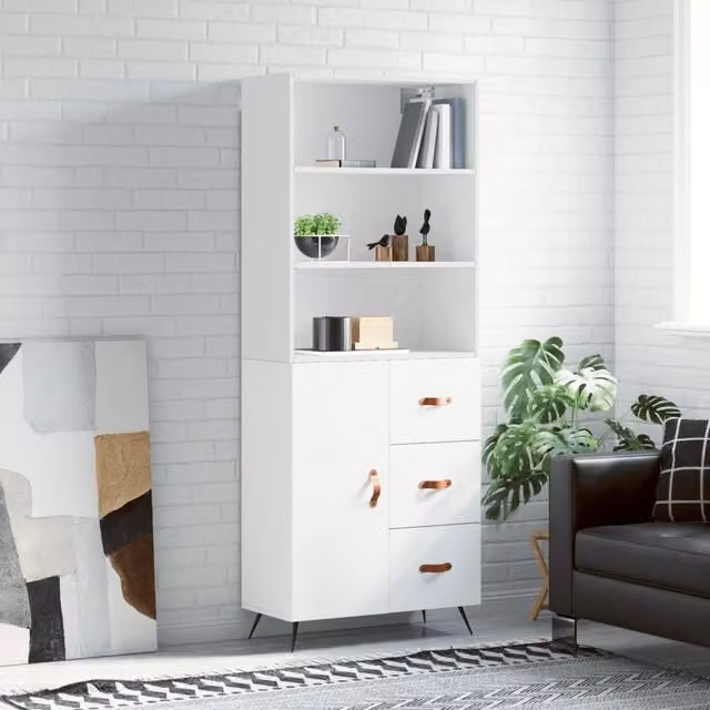 Berkfield Home Modern White Highboard with Hinged Doors and Internal Shelves, W/D/H: 69.5 x 34 x 180 cm