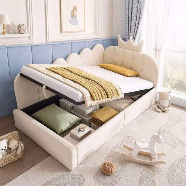 STILVORA Single Bed Frame with Lift Up Storage, Beige Velvet Upholstered, 90 x 190 cm