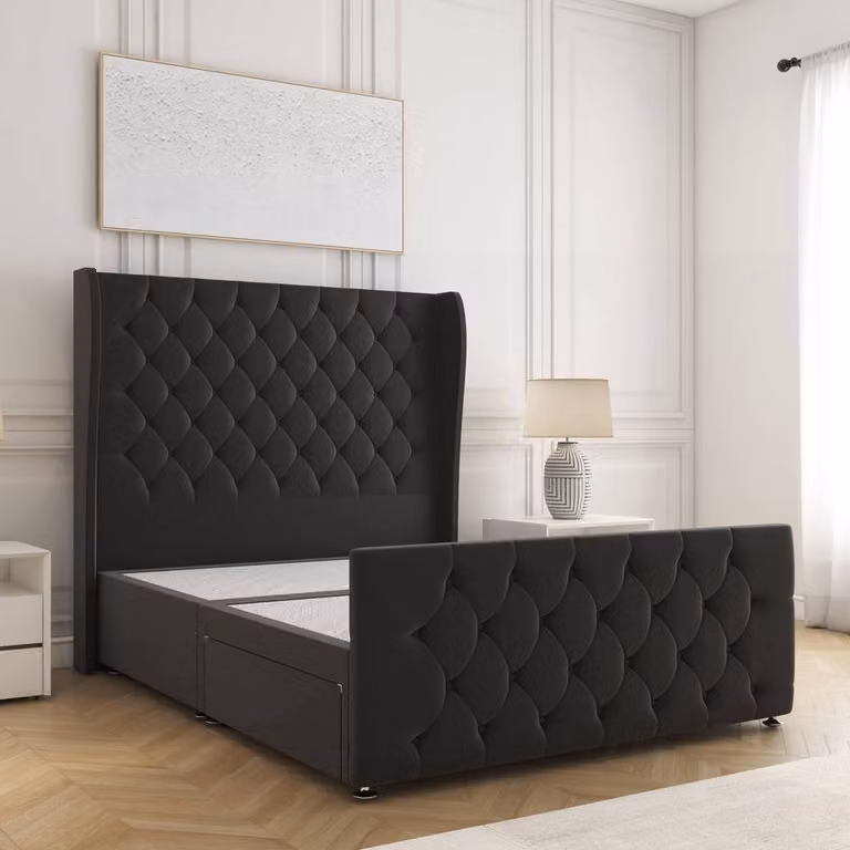 BSSPOKE Anna Plush Velvet Divan Bed with 54 inch Headboard and 2 Drawers in Black, Super King, W/D/H: 200 x 167.64 x 137.16 cm