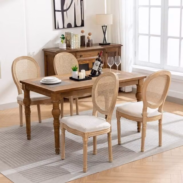 HomeTouch Set of 4 French Style Rattan Back Dining Chairs in Beige with Linen Fabric