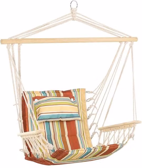 Nordara Striped Hanging Hammock Chair with Thick Rope and Wood Frame, Multicolour, W: 100 cm, D: 60 cm