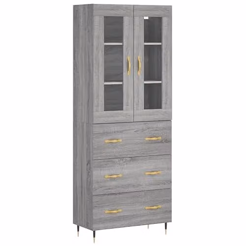 vidaXL Modern Grey Sonoma Highboard with Internal Drawers and Shelves, W/D/H: 69.5 x 34 x 180 cm