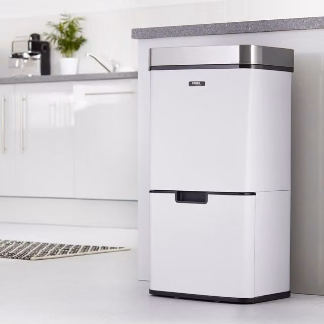 Cooks Professional 75L Sensor Recycling Bin with Dual Compartments and Removable Food Caddy in White and Silver Stainless Steel
