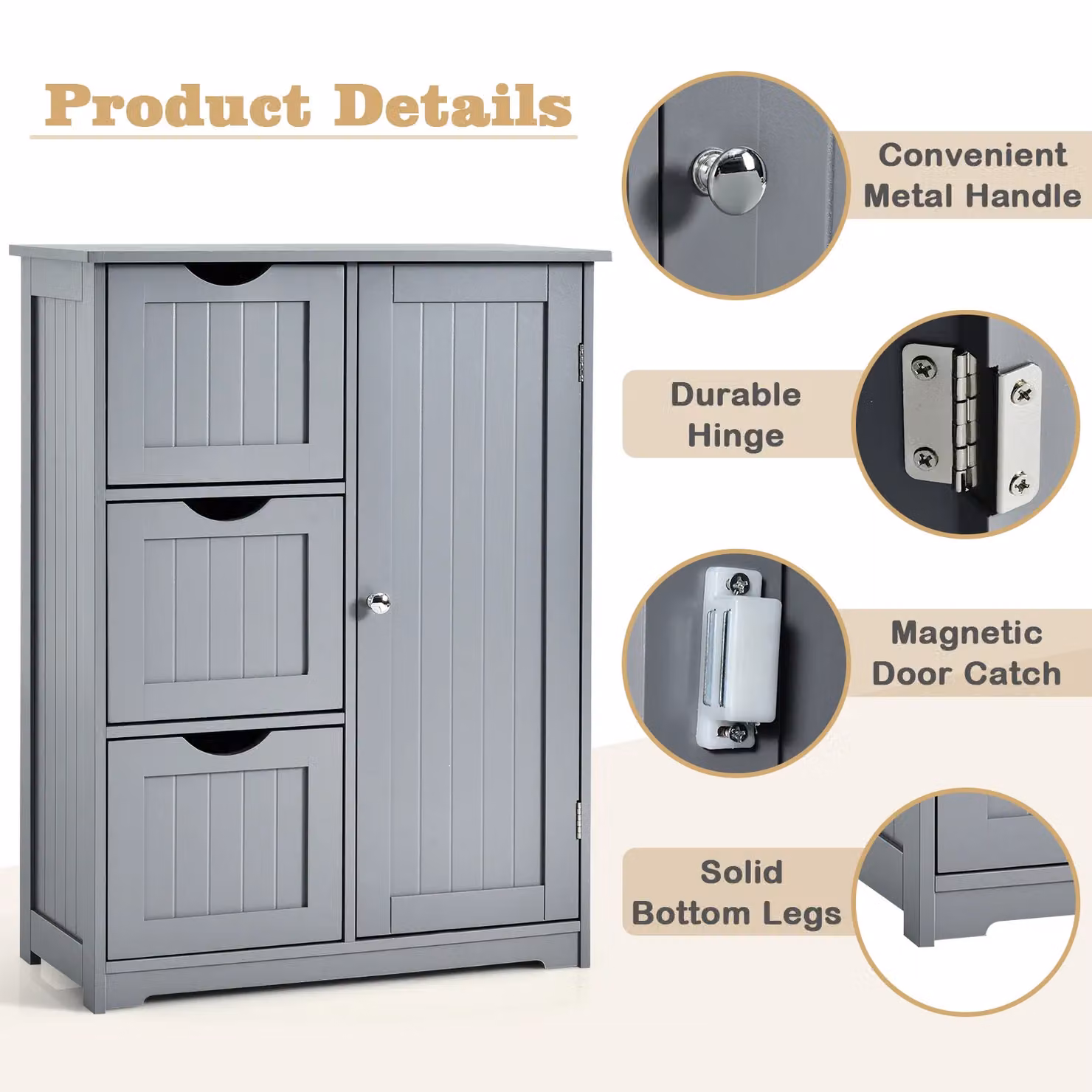 Costway Modern Bathroom Floor Cabinet Storage Cupboard with 3 Drawers in Grey – 3
