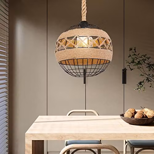 Netlighting Ulleu Industrial Sphere Pendant Ceiling Light in Black or Brown with Hemp Rope and Metal Construction, E27, Diameter: 30 cm – 2