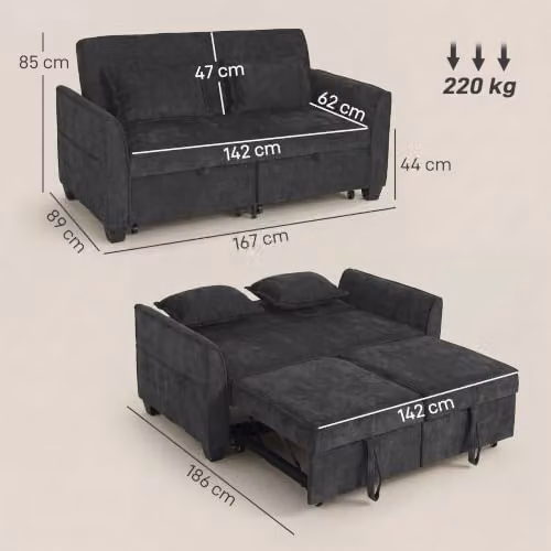 HOMCOM 2 Seater L-Shaped Pull Out Sofa Bed in Black with Fabric Upholstery and Solid Wood Frame – 3