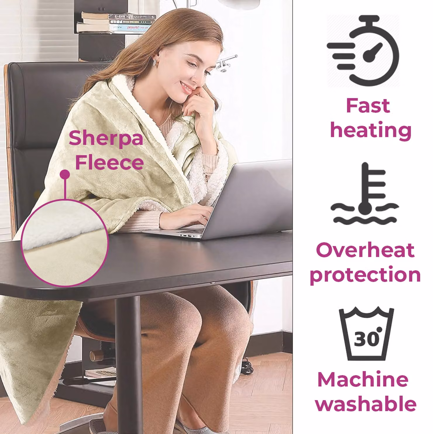 Neo Reversible Electric Heated Throw Blanket in Beige and White with Flannel and Sherpa, W/D: 160 x 130 cm – 4